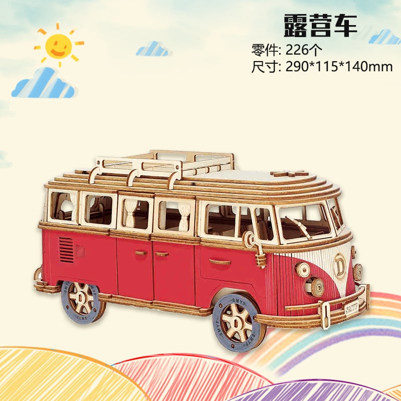European-Style Wooden Puzzle Camper Wooden Car Model Children'S Hand-Assembled 3D Building Blocks Educational Toys - Image 1